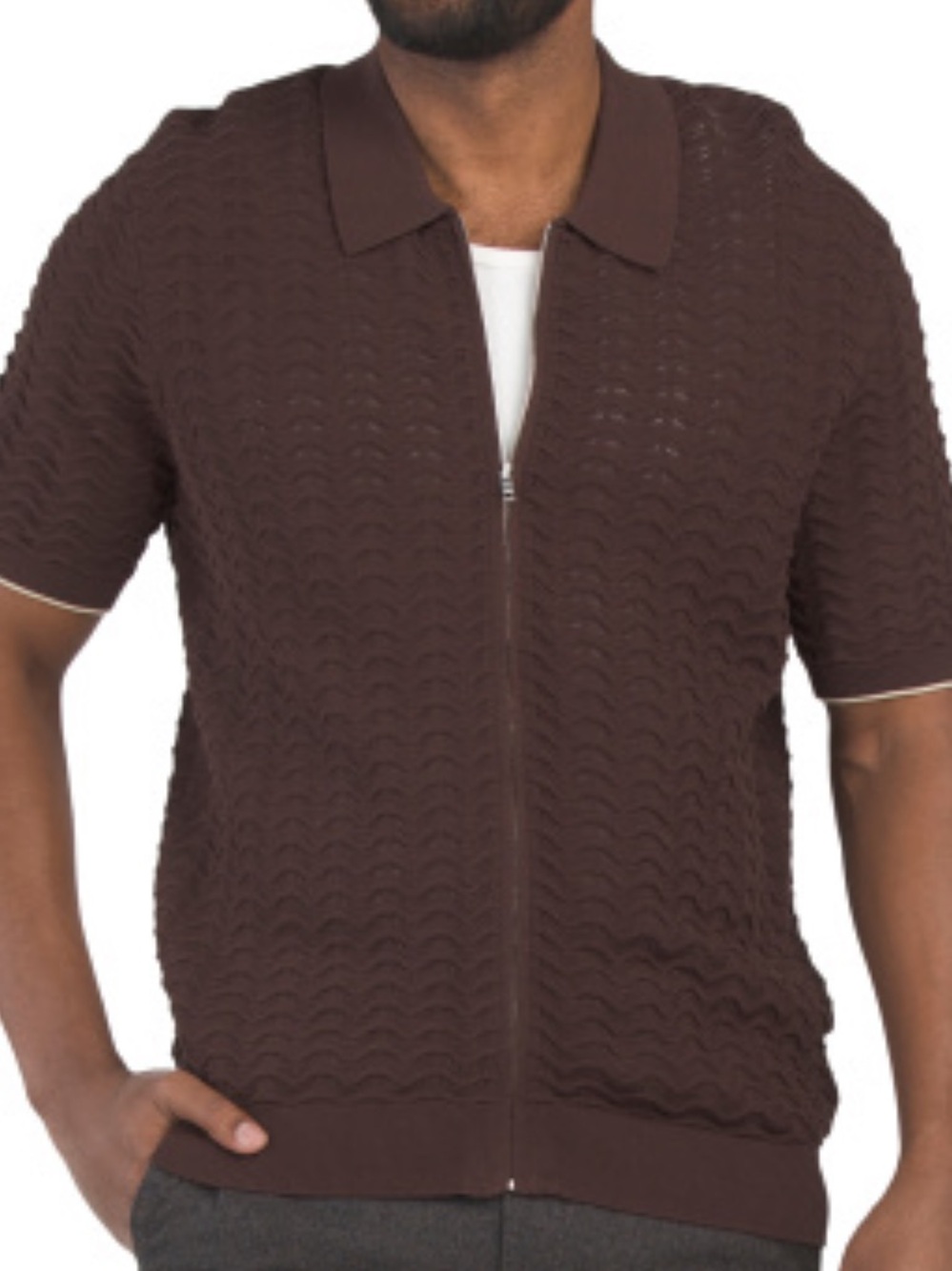 NN07 Men's Coffee Short-Sleeve Organic Cotton Zip Sweater